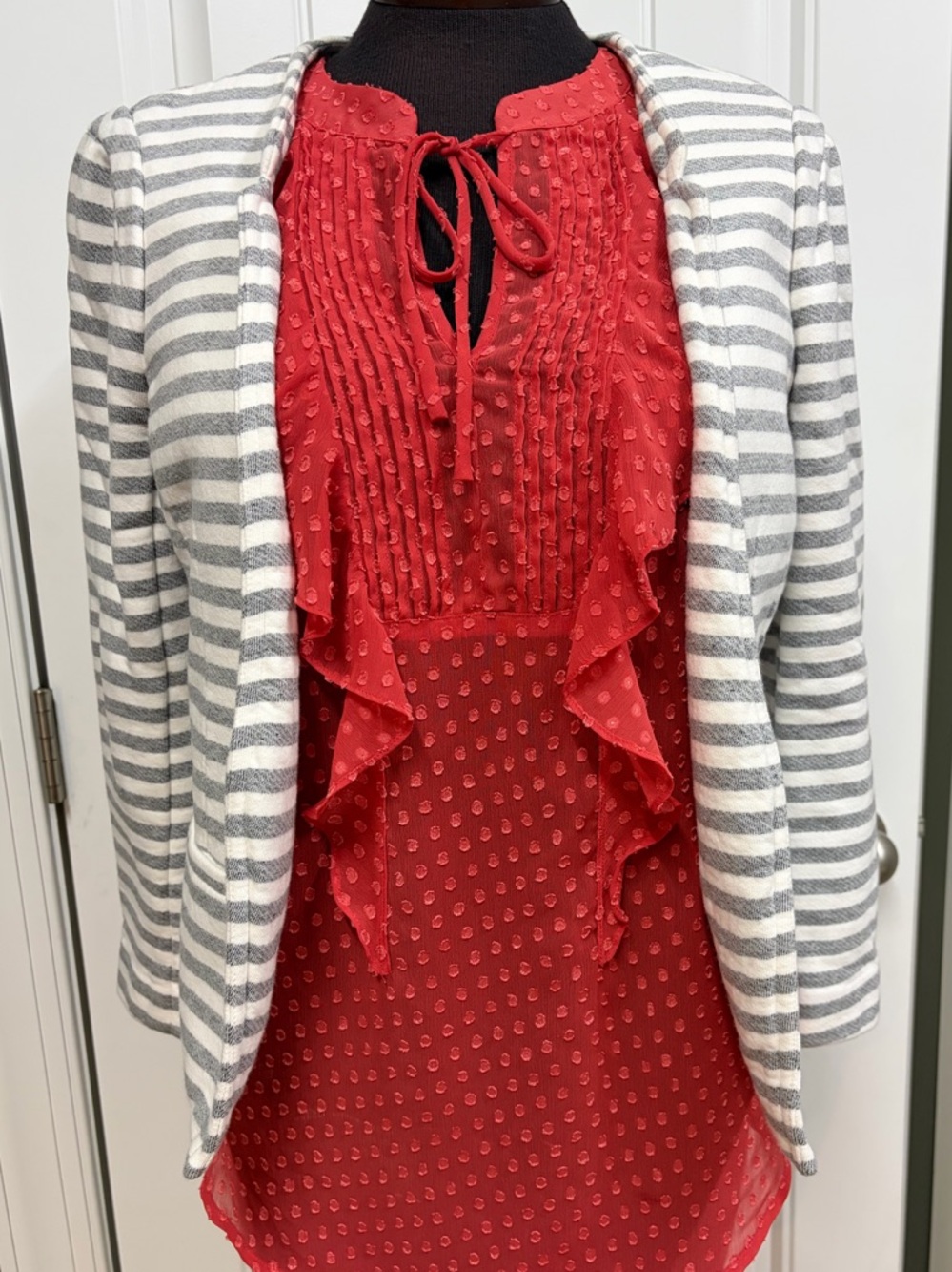 LOFT Gray and White Striped Blazer with Coral Trim